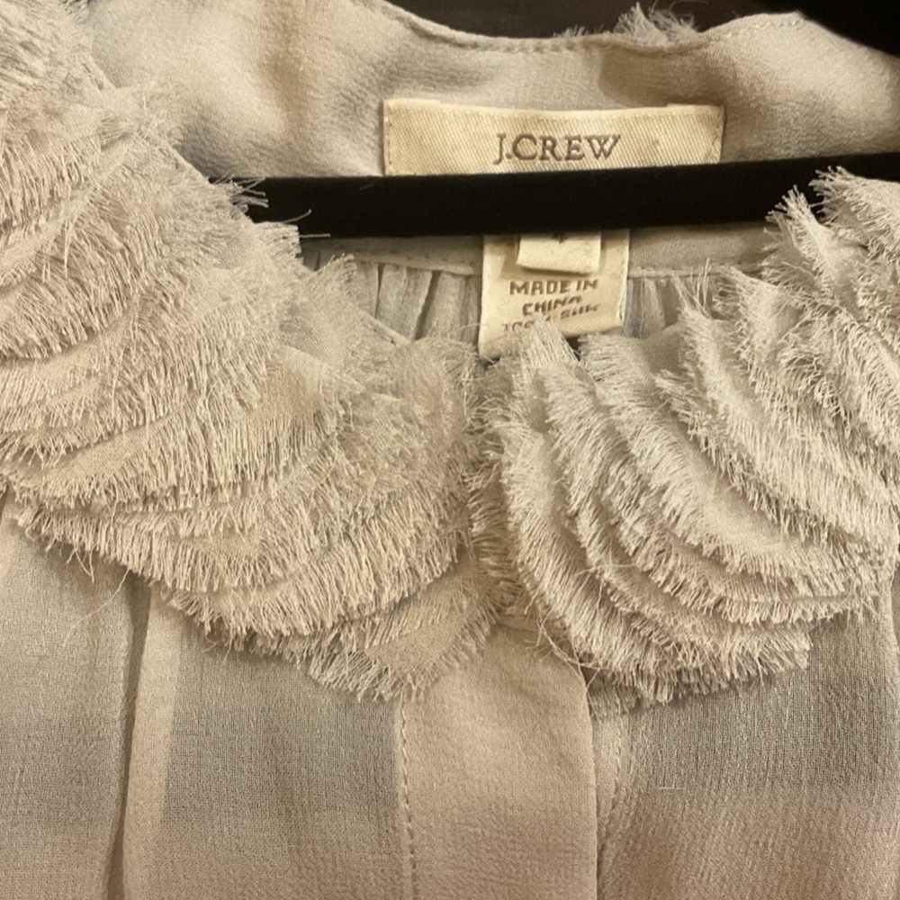 J. Crew Factory  100% silk sheer Ruffle-Neck Button-Front Blouse - Light Gray - Picture 4 of 4
